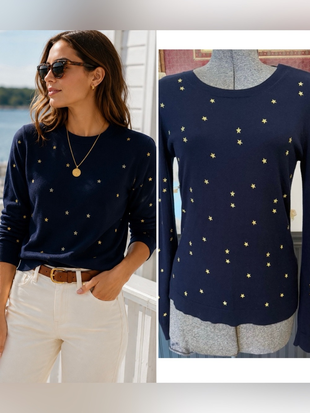 J.Crew Mercantile Navy Gold Star Embroidered Cotton Sweater Sz S